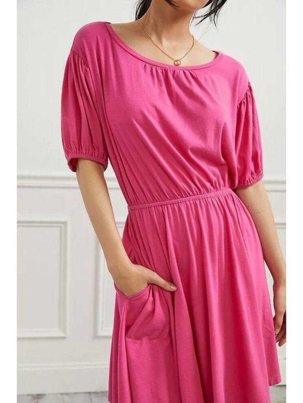 Anthropologie Daily Practice Mini Dress Solid Pink Puffed Sleeve